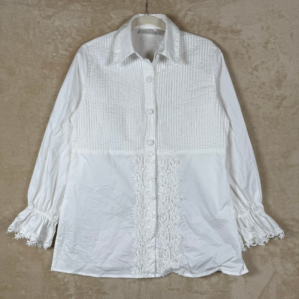 Soft Surroundings‎ White Pintuck Lace Trim Button Down Shirt Top